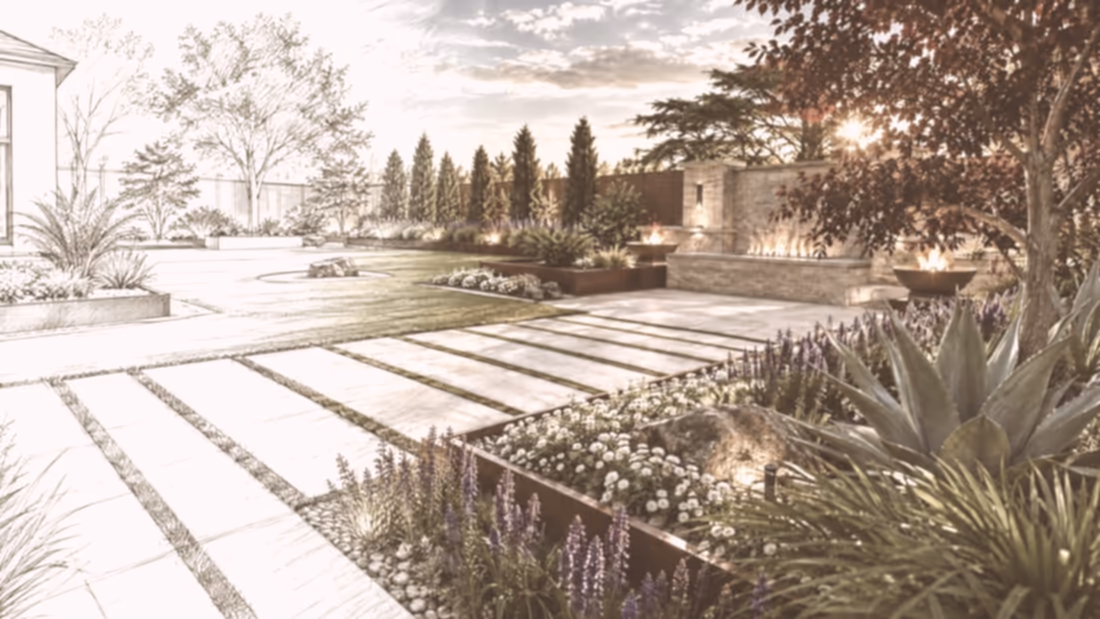 Rendered landscape design of the same yard: poured-concrete pavers set in turf, steel-edged planting beds and a stone fire wall.