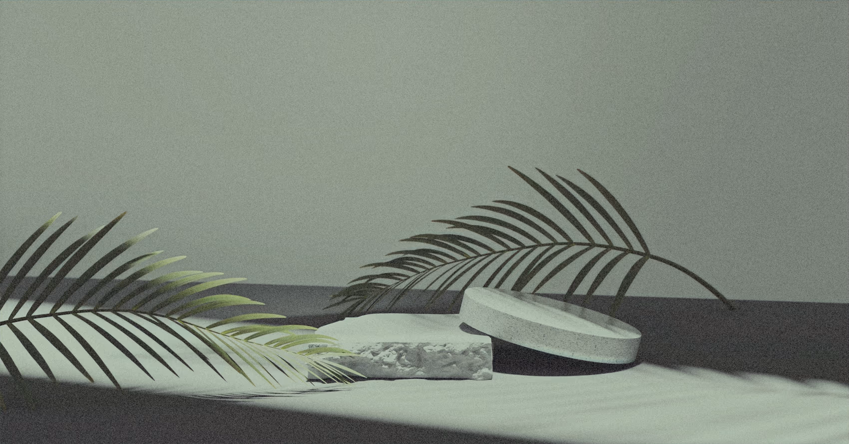 A minimalist still life of palm fronds and stone podiums evoking refined outdoor design